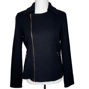 Lauren Ralph Lauren Black Lambswool Gold Tone Asymmetric Zip Moto Style Sz L